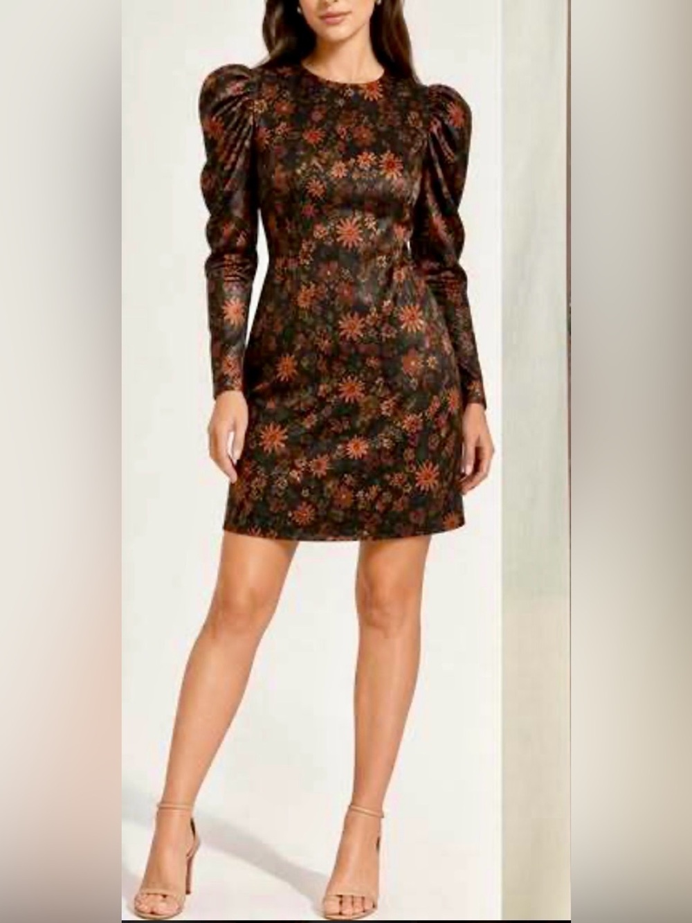 Chelsea28 Long Sleeve Floral Satin Mini Dress w/ puff shoulders, back keyhole. S